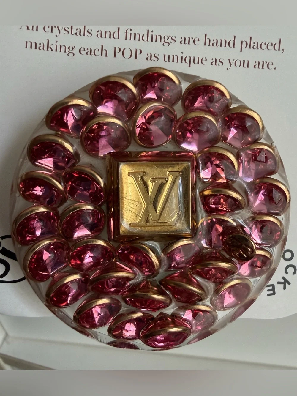 Upcycled Swarovski Crystal PopSocket with LV button - Designer Phone Accessory